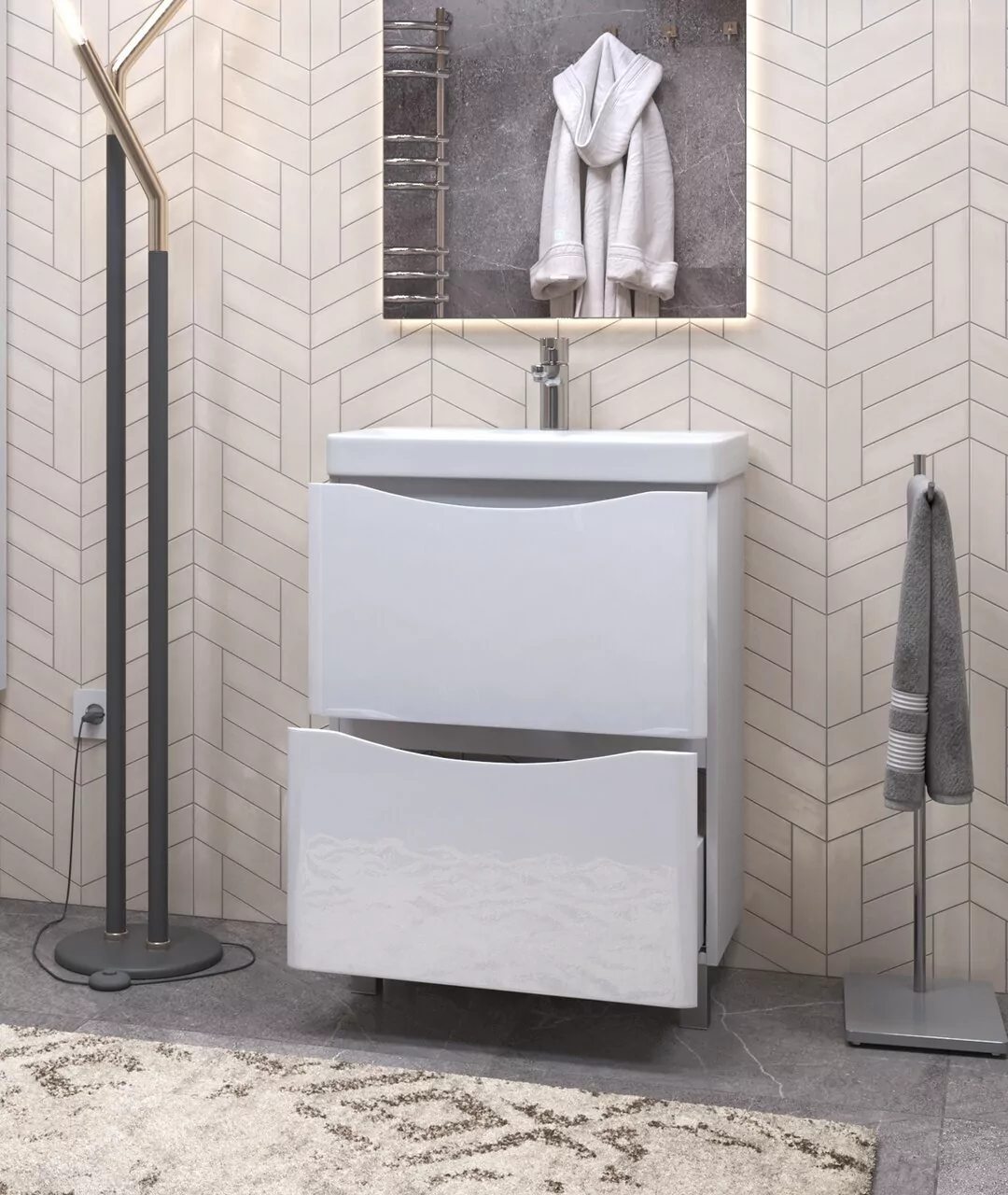 Тумба напольная Vigo Glem 600-0-2 с раковиной Como 60, 2 ящика, белый