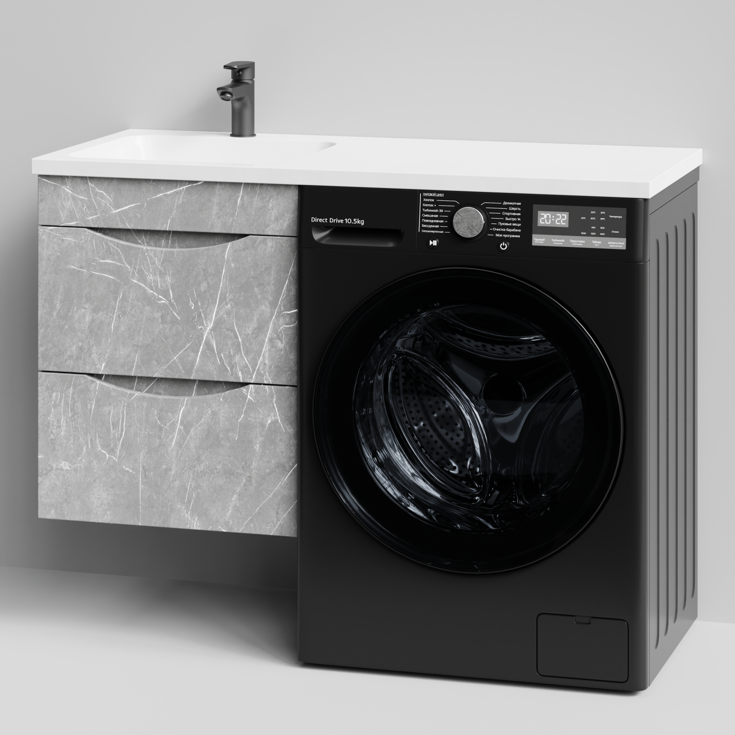 Тумба Vod-ok 48 с раковиной Смайл 110 подвесная, под стиральную машину, левая, Мрамор Белый софт тач