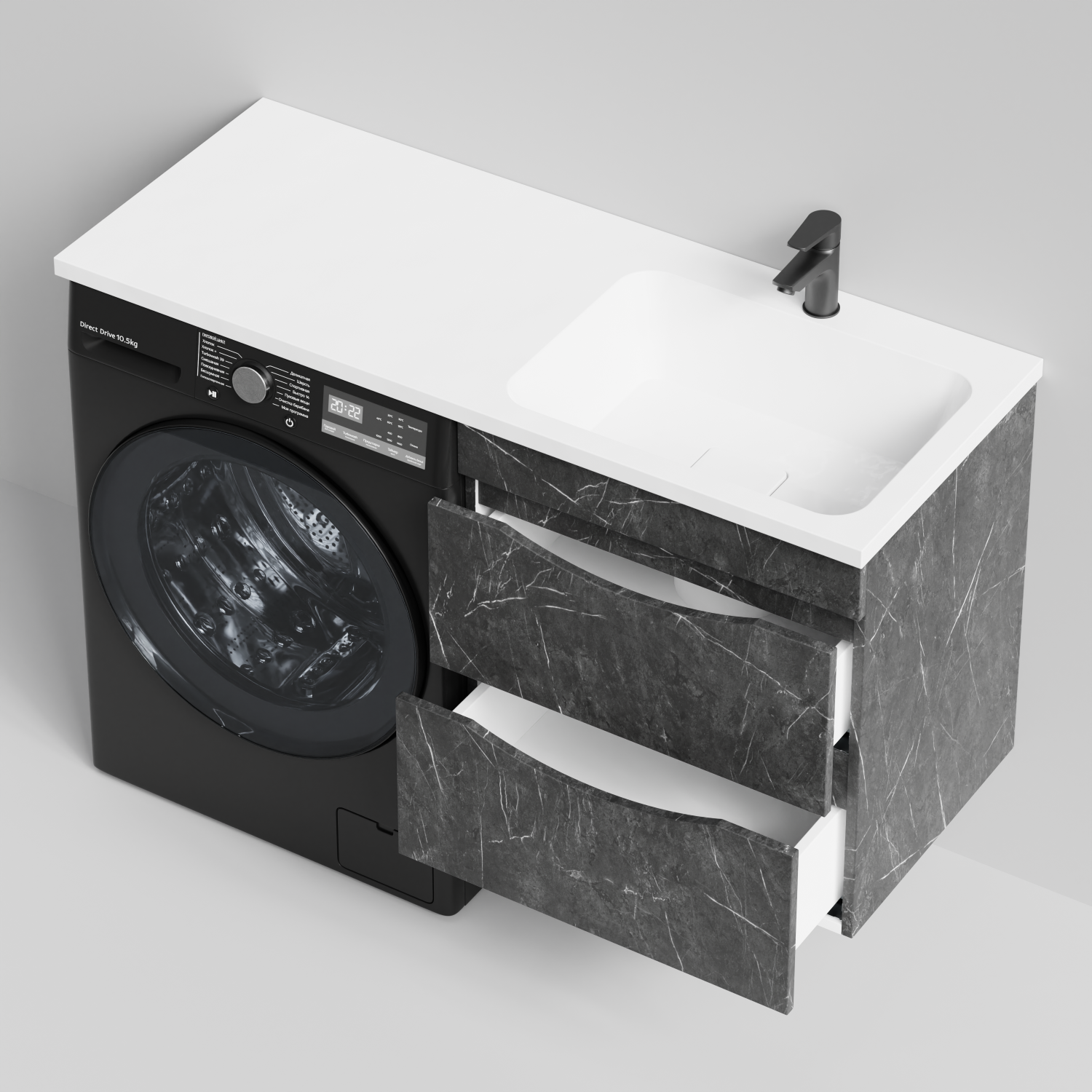 Тумба Vod-ok 58 с раковиной Смайл 120 подвесная, под стиральную машину, правая, Мрамор Графит софт тач