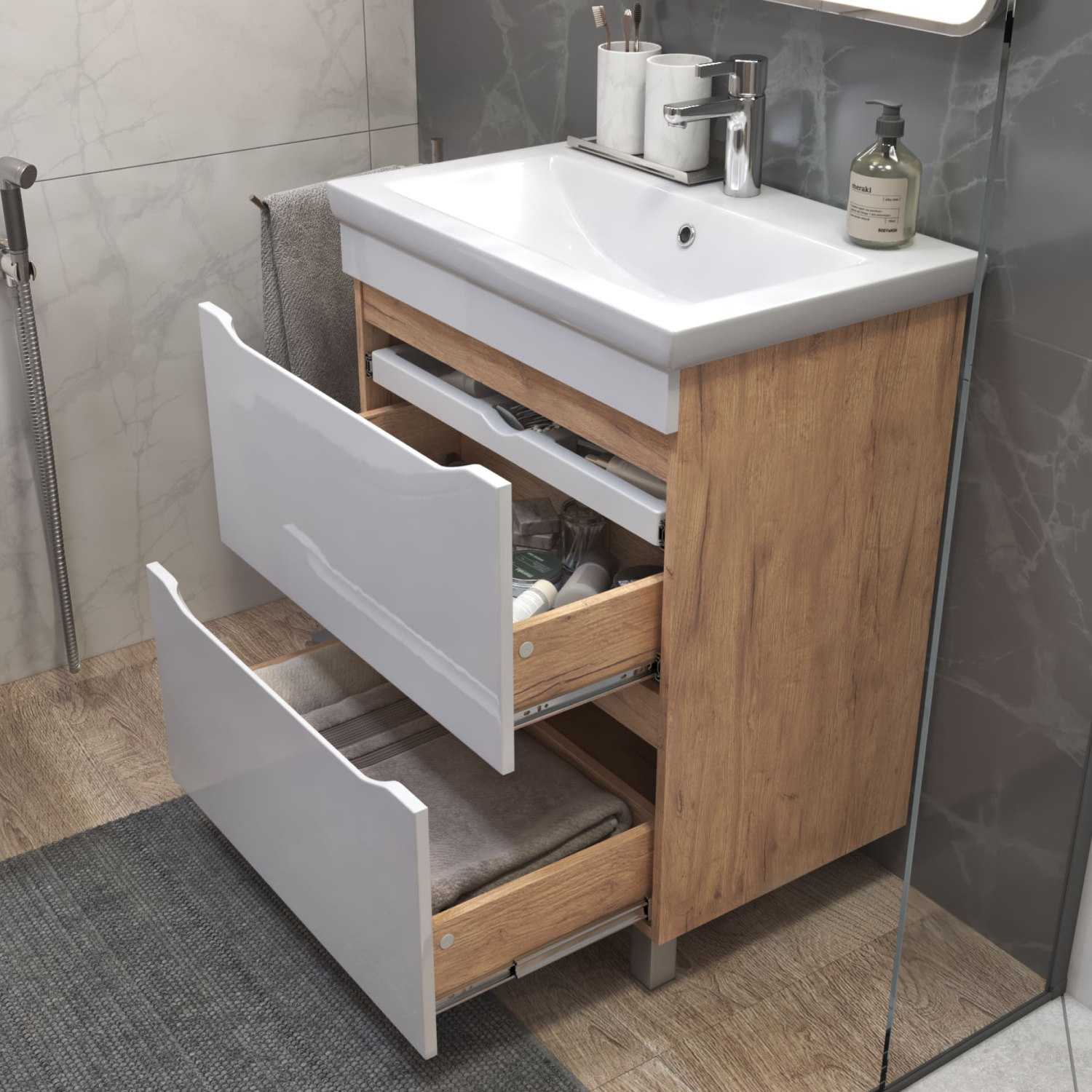 Тумба напольная Vigo Grani 700-0-2 с раковиной Como 70, дуб золотой