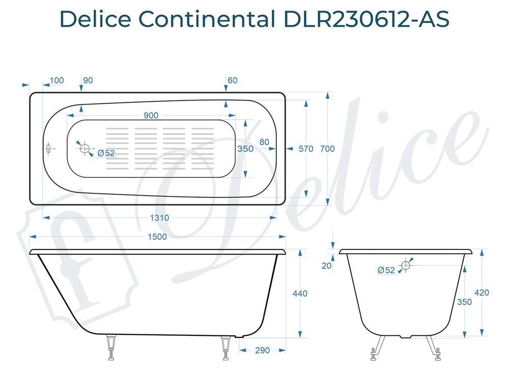 Ванна чугунная Delice Continental 150х70 DLR230612-AS с антискользящим покрытием