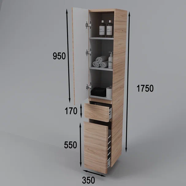 Пенал Style Line Атлантика 35 L Plus Люкс напольный с корзиной, ясень перламутр