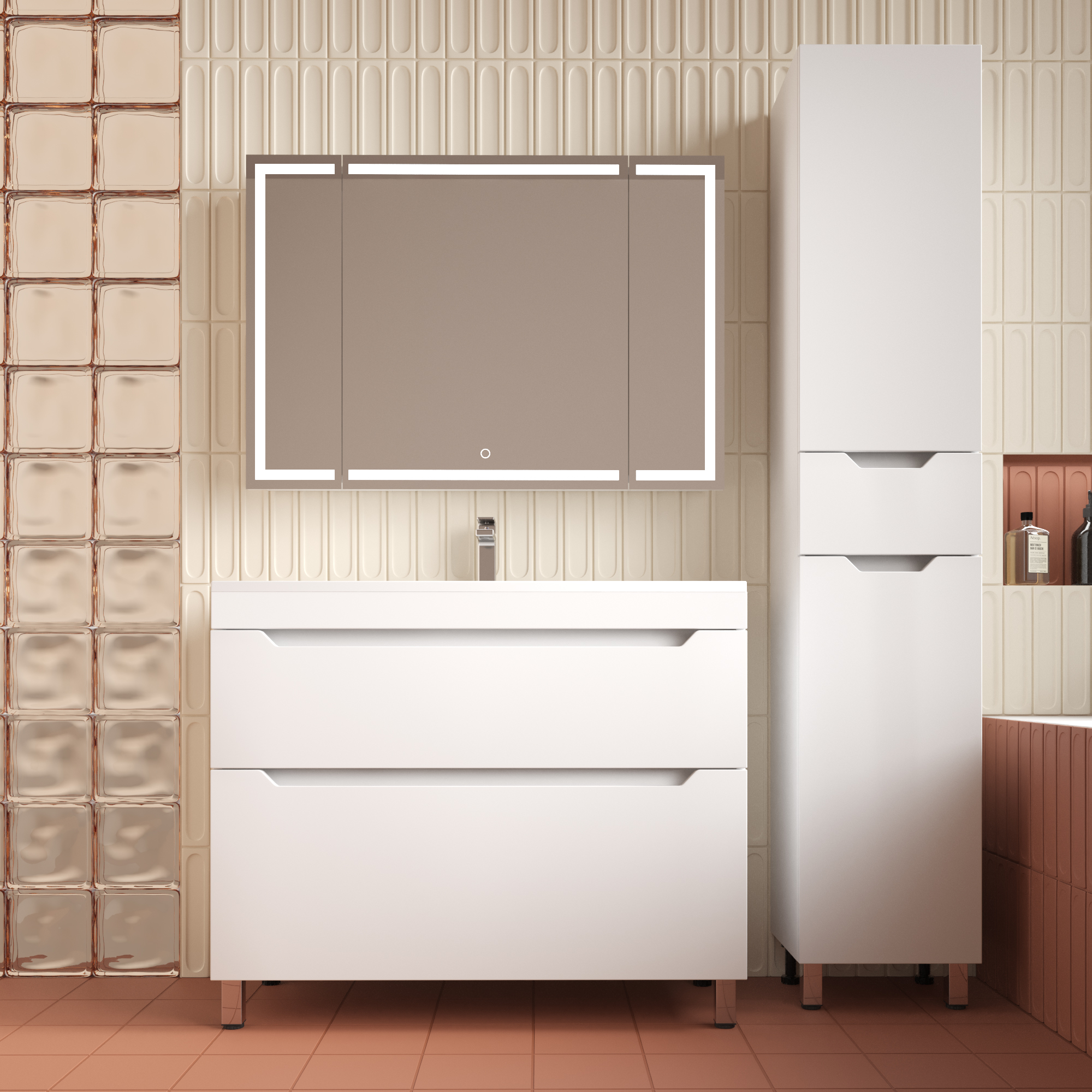 Тумба напольная Style Line Остин 100 с раковиной Фортуна 100 серый шелк, белый