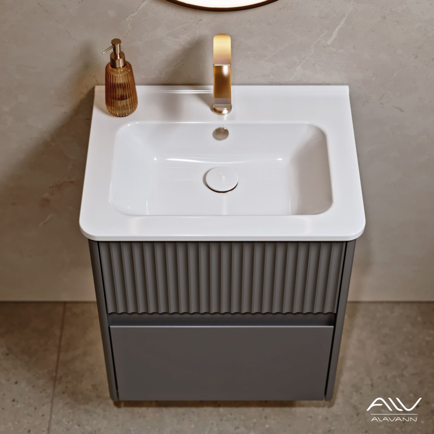 Тумба подвесная Alavann Wave 60 с раковиной Nikson 60, голубой деним