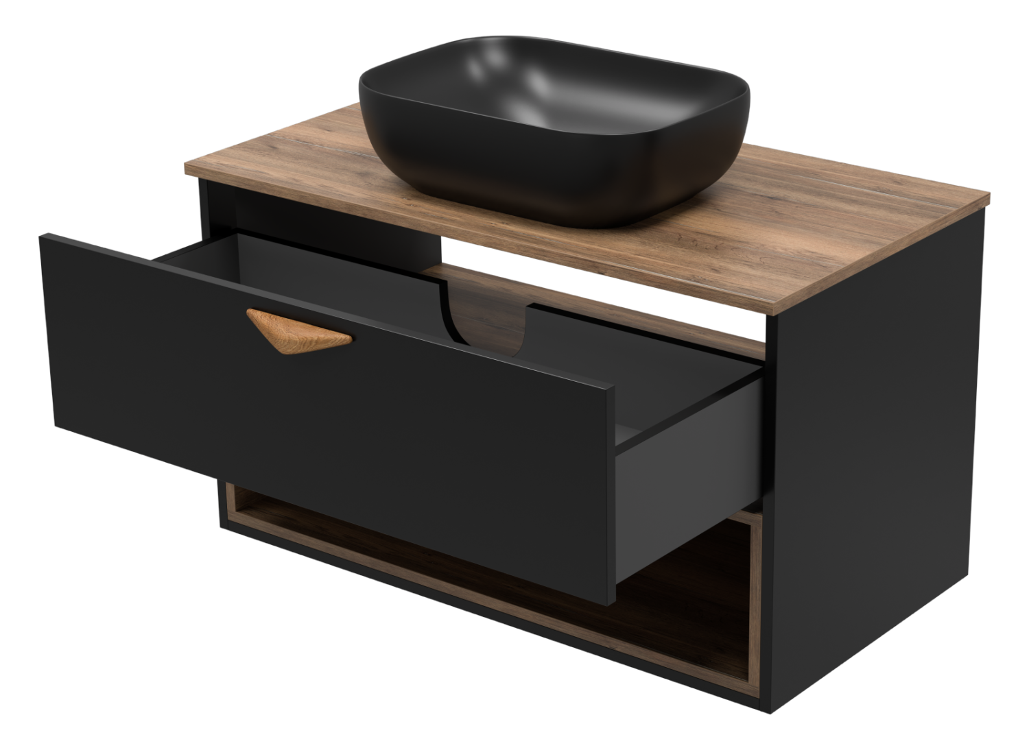Тумба с раковиной Brevita Bergen 90 с подсветкой подвесная, черный/дуб галифакс