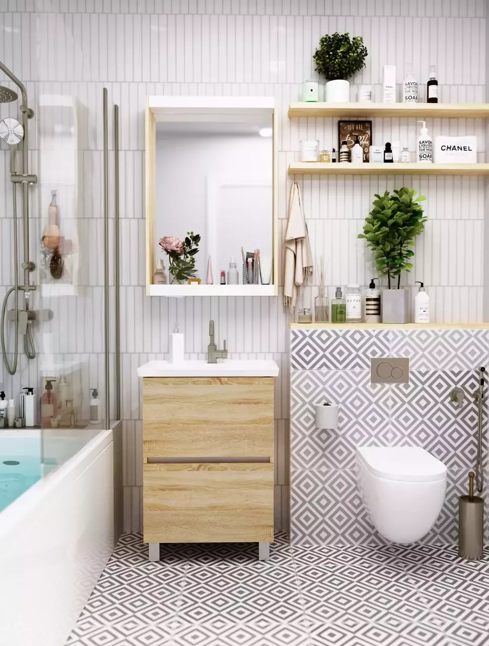 Тумба напольная 1Marka Aris 60Н с раковиной Atom 60, 2 ящика, дуб сонома