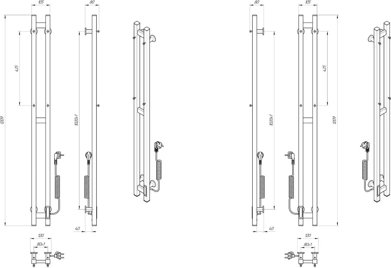 Полотенцесушитель электрический Laris Прайм Дуэт ЧКЧ 80х1200 правый, черный матовый