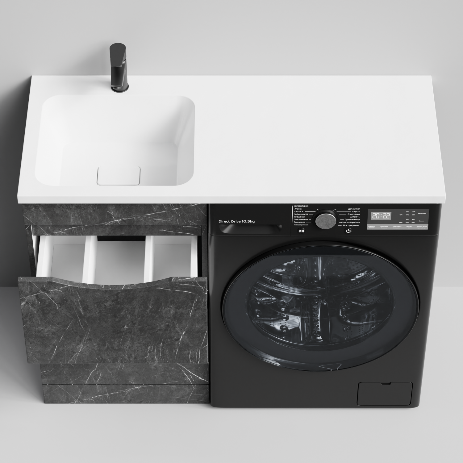 Тумба Vod-ok 48 с раковиной Смайл 110 напольная, под стиральную машину, левая, Мрамор Графит софт тач