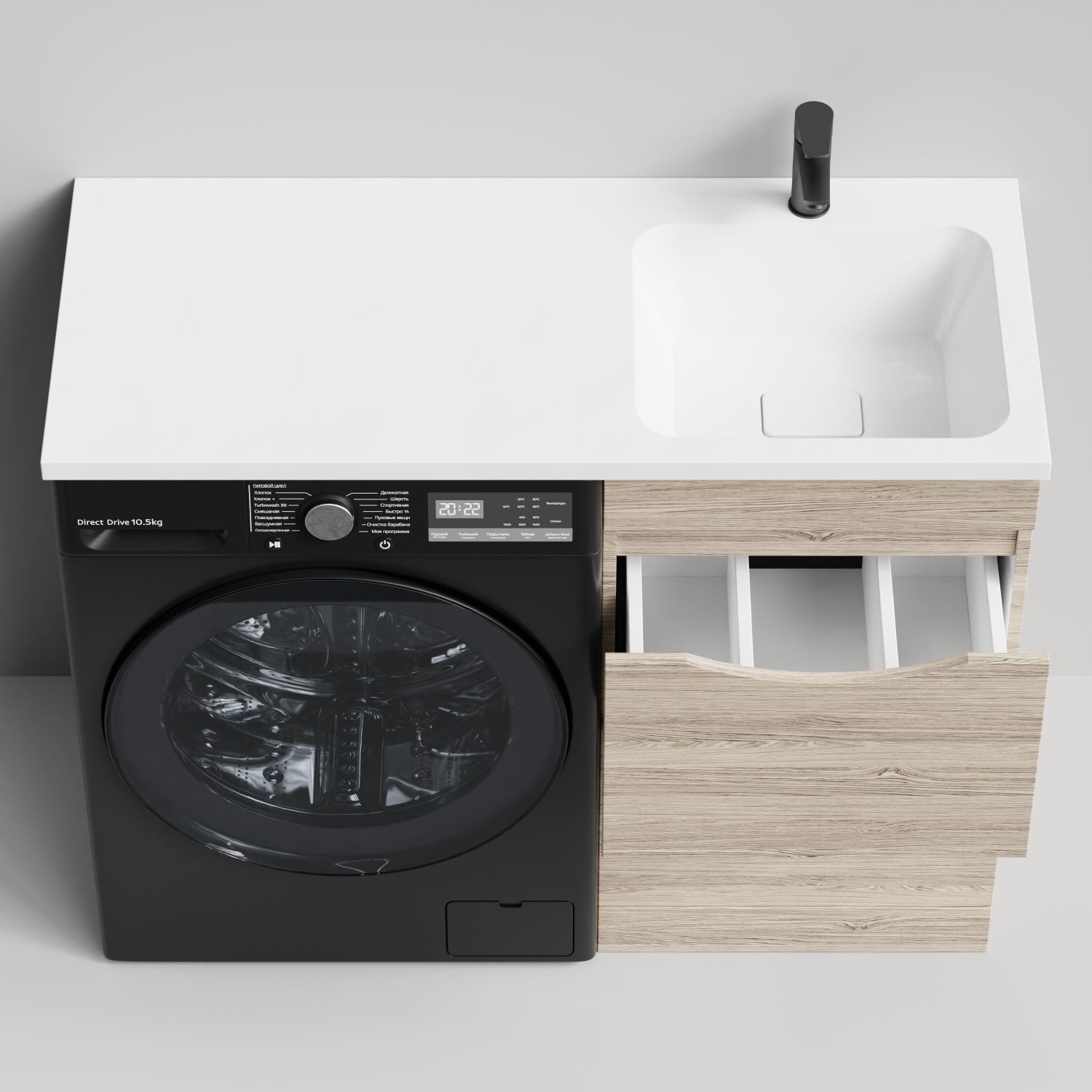 Тумба Vod-ok 48 с раковиной Смайл 110 напольная, под стиральную машину, правая, Дубослив ореховый светлый