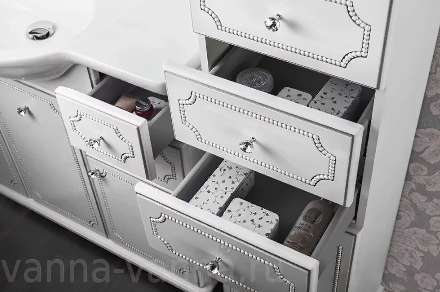 Тумба с раковиной Vod-ok Elite Мариэль 105 напольная, белая, патина серебро, золото