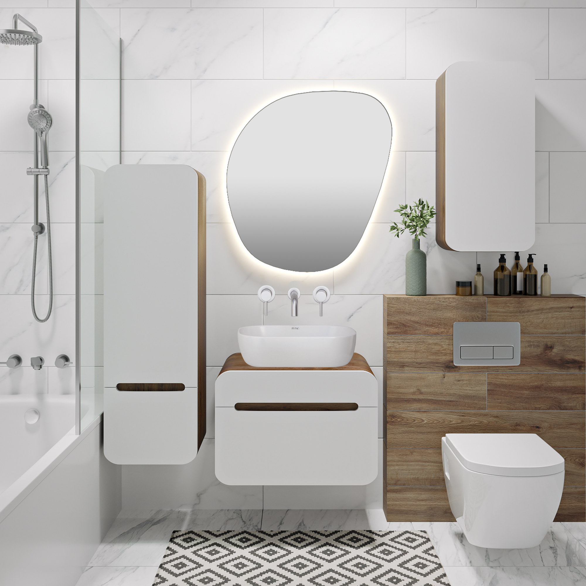 Пенал Runo Ницца 35 подвесной, R, белый/темное дерево