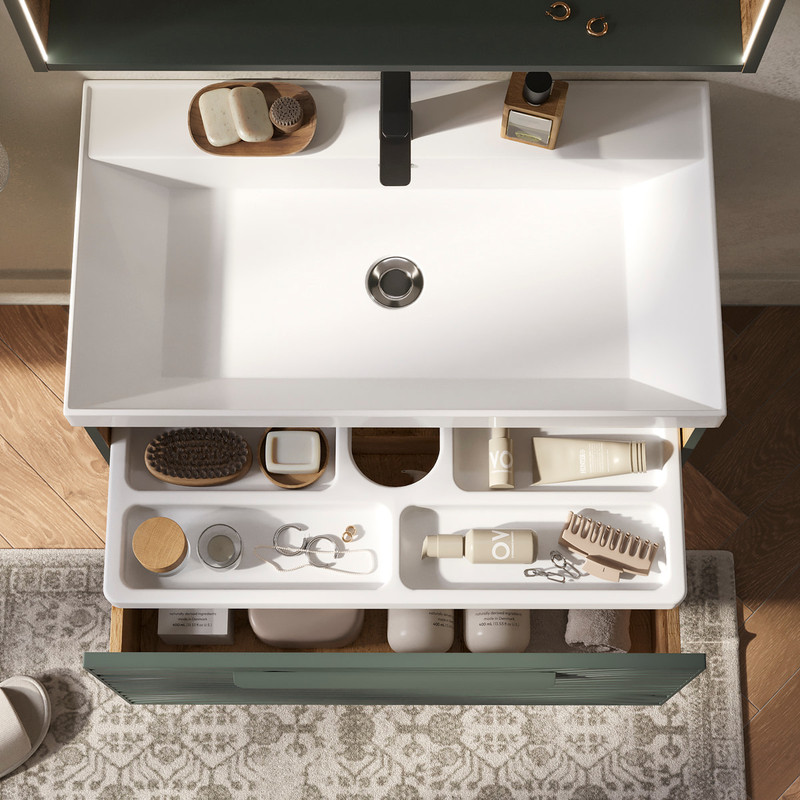 Тумба с раковиной EQUIL Gleam 80 подвесная, 1 ящик, зеленый камень/дуб вотан