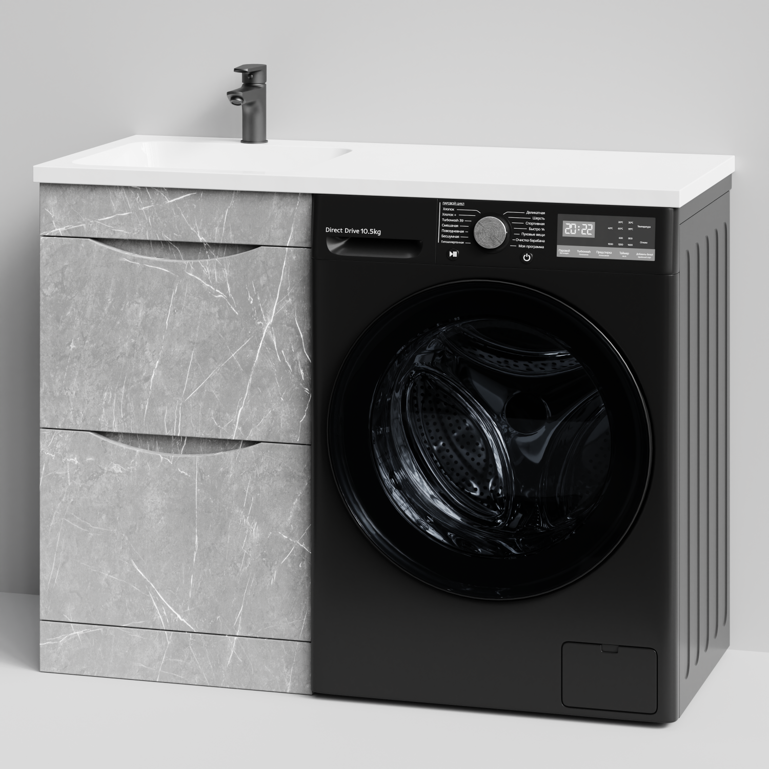 Тумба Vod-ok 48 с раковиной Смайл 110 напольная, под стиральную машину, левая, Мрамор Белый софт тач