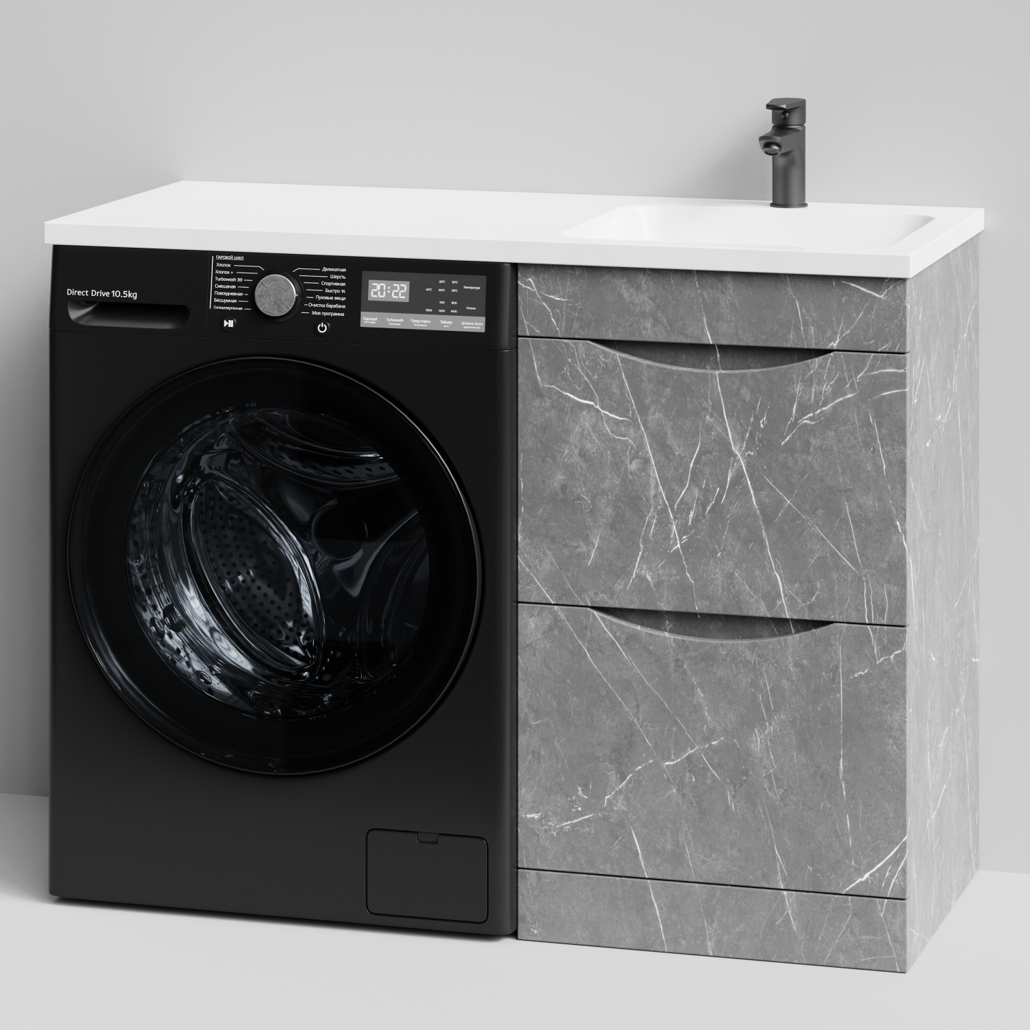 Тумба Vod-ok 48 с раковиной Смайл 110 напольная, под стиральную машину, правая, Мрамор Серый софт тач