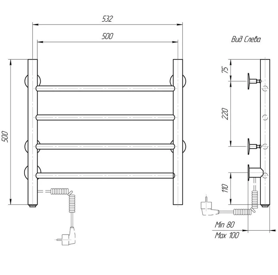 Полотенцесушитель электрический Domoterm Классик 109-4 50х50 EK L левый, черный матовый