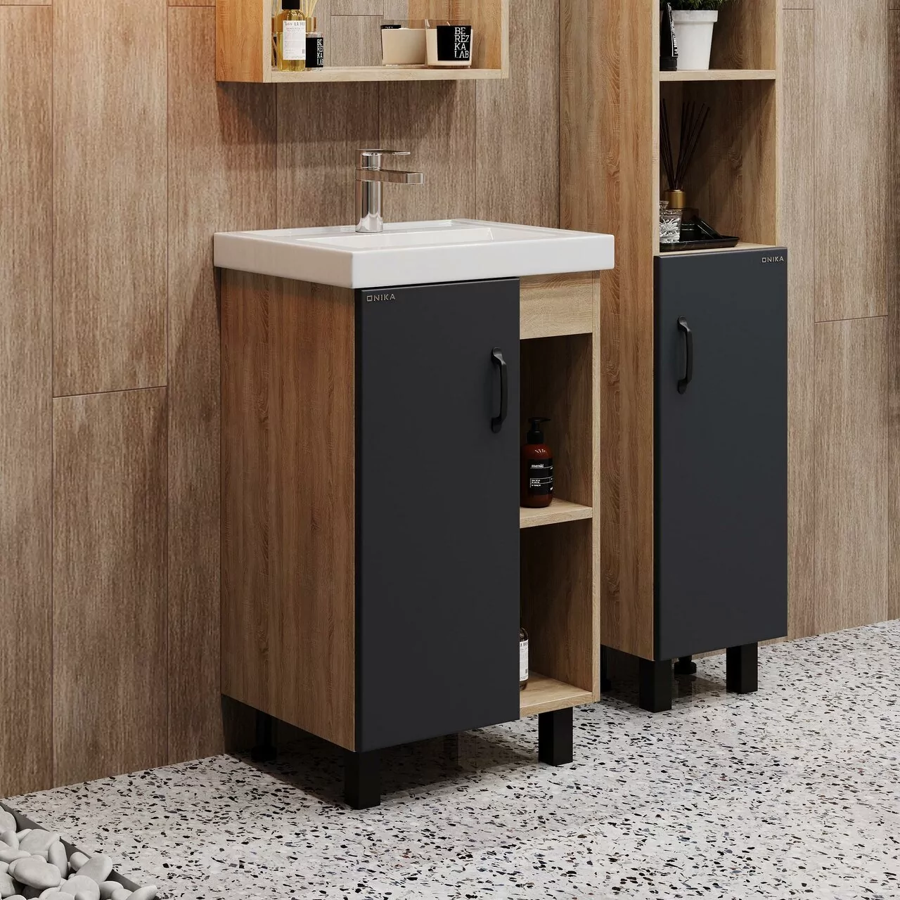 Тумба с раковиной Onika Тимбер 50 напольная, серый матовый/дуб сонома от магазина Vanna-Vanna.ru!