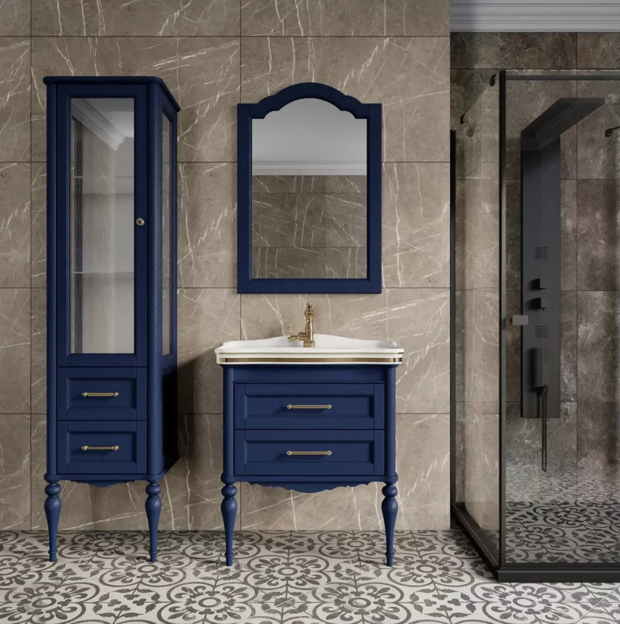 Пенал напольный ValenHouse Эстетика 50 L витрина, синий, золото