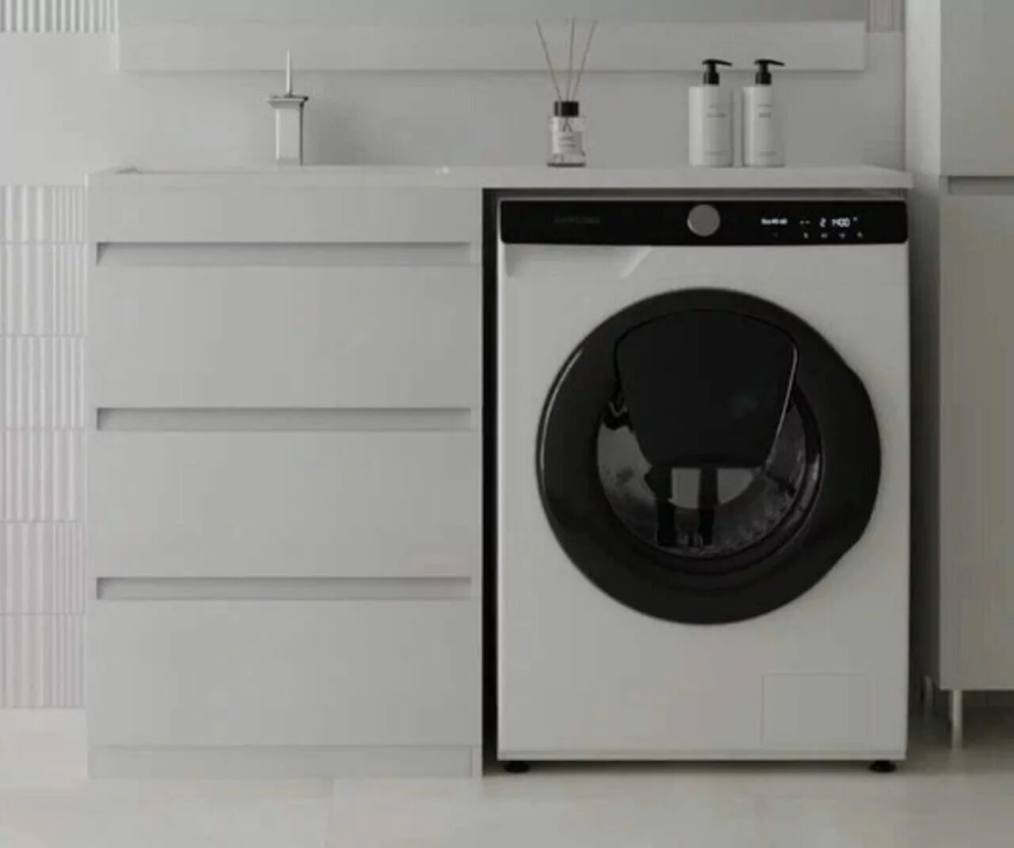 Тумба с раковиной Style Line Даллас 130 Люкс Plus ПВХ под стиральную машину, напольная, три ящика, левая, белая