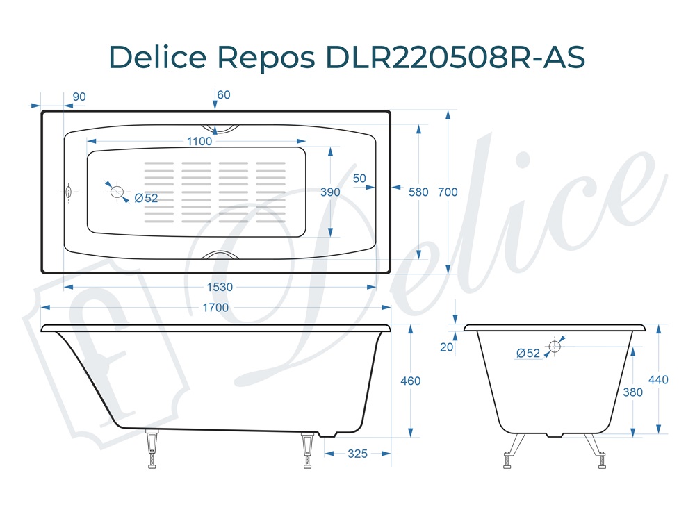 Ванна чугунная Delice Repos 170х70 DLR220508RB-AS с черными матовыми ручками и антискользящим покрытием