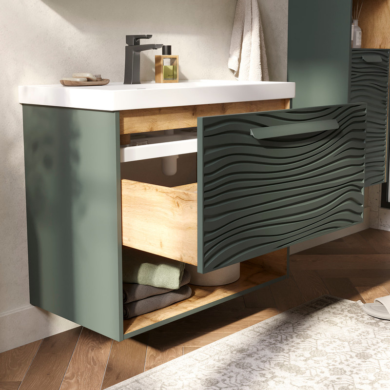Тумба с раковиной EQUIL Gleam 80 подвесная, один ящик, зеленый камень/дуб вотан