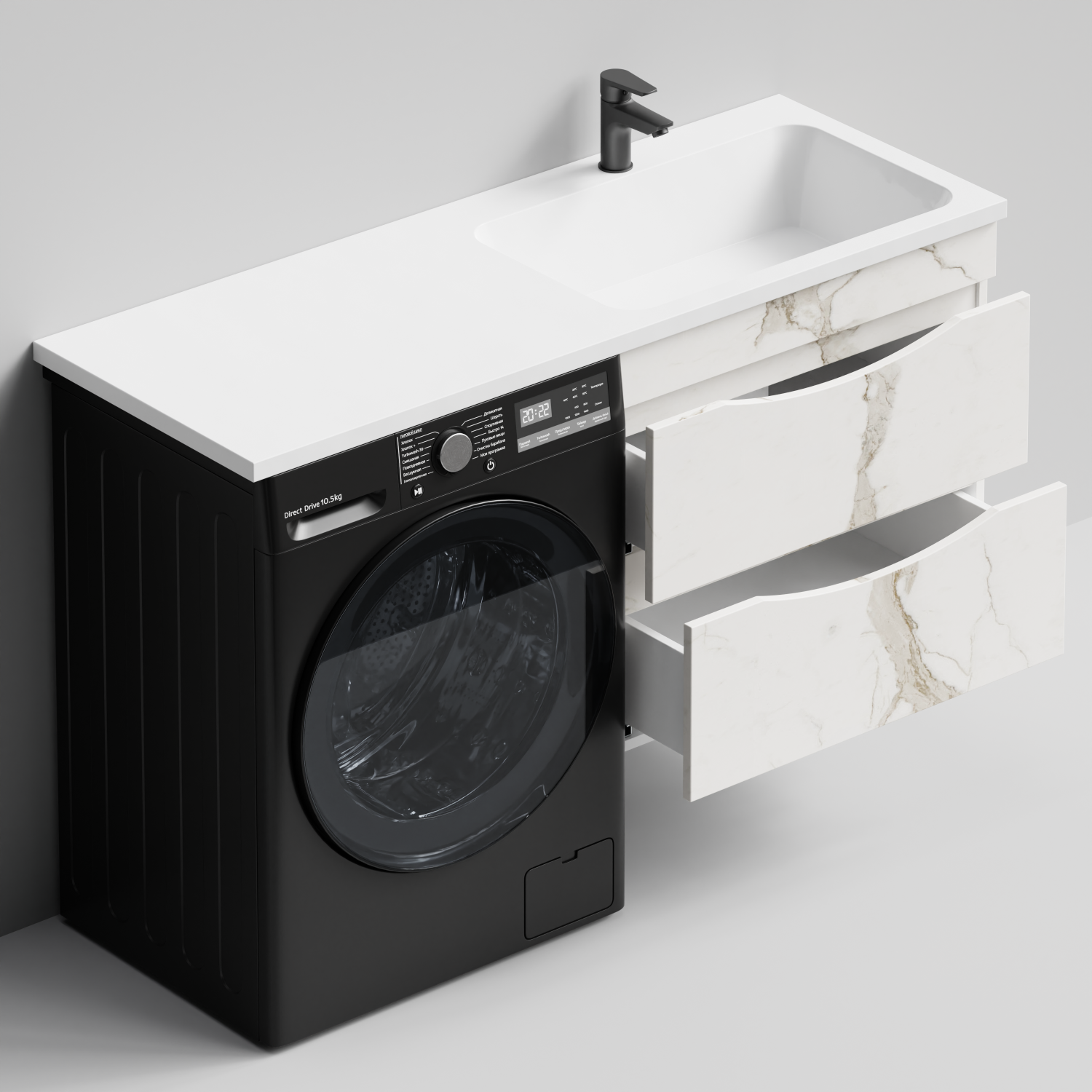 Тумба Vod-ok 68 с раковиной Смайл 130 подвесная, под стиральную машину, правая, Мрамор Белый натур милк