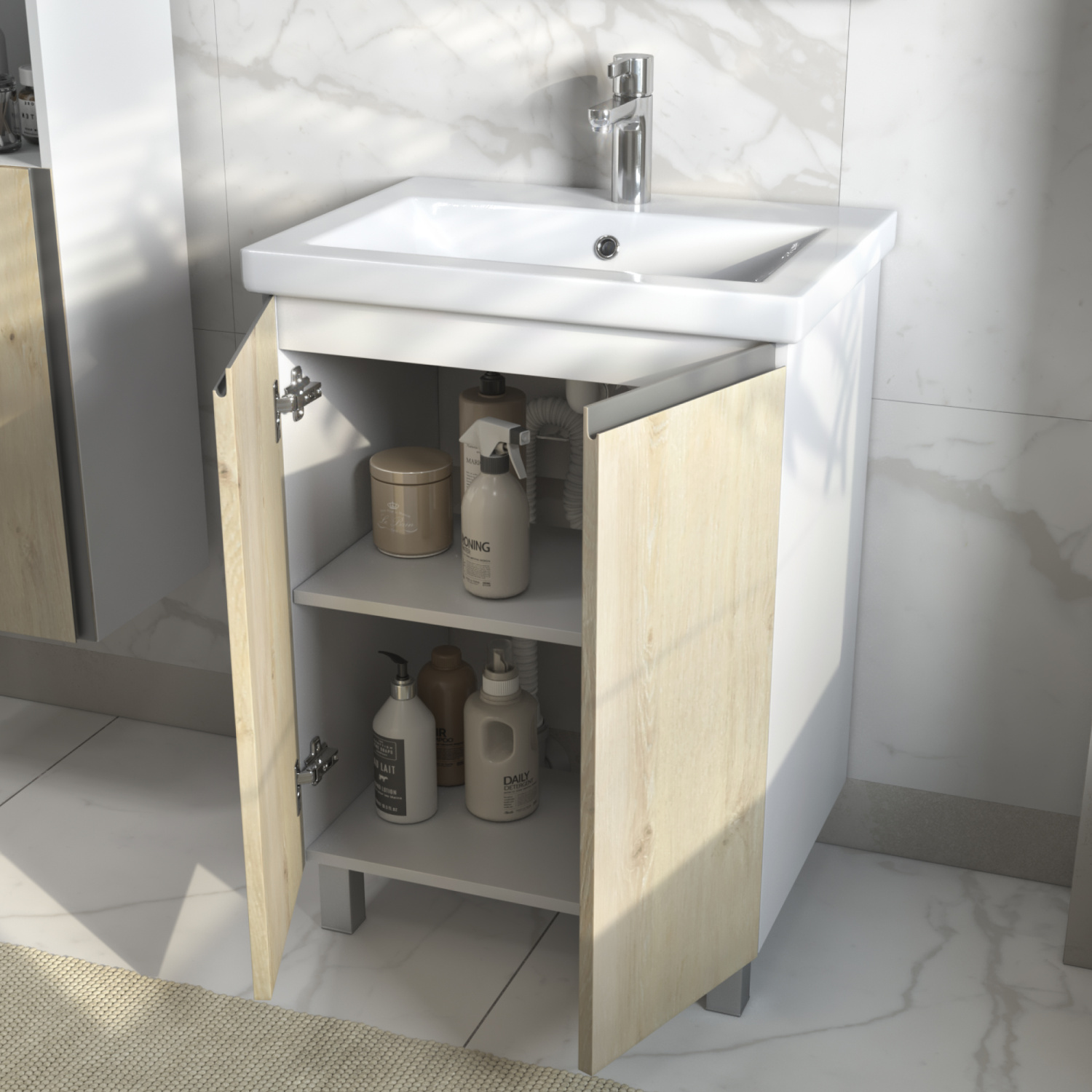 Тумба напольная Vigo Yuma 600-2-0 с раковиной Como 60, 2 двери, дуб давос