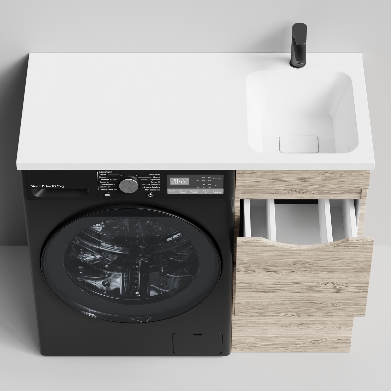 Тумба Vod-ok 38 с раковиной Смайл 100 напольная, под стиральную машину, правая, Дубослив ореховый светлый