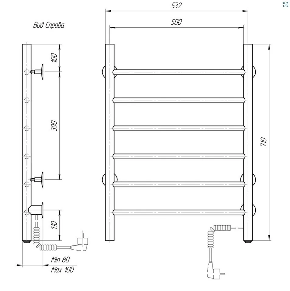 Полотенцесушитель электрический Domoterm Аврора 109-5 50х71 EK R правый, хром