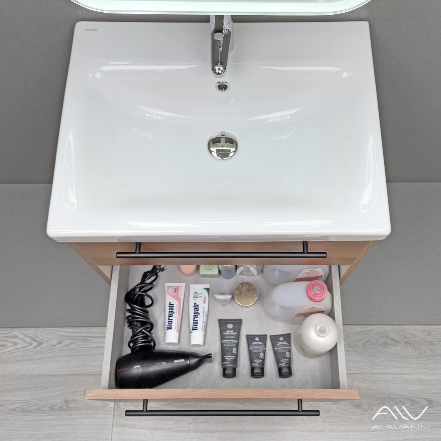 Тумба подвесная Alavann Rondo 60 с раковиной Moduo 60, дуб