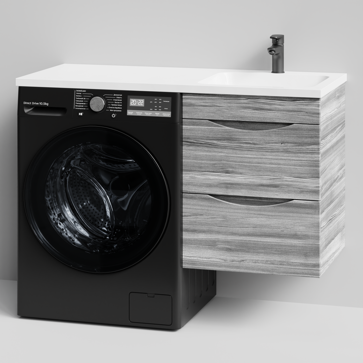 Тумба Vod-ok 48 с раковиной Смайл 110 подвесная, под стиральную машину, правая, Лиственница структурная контрастно-серая