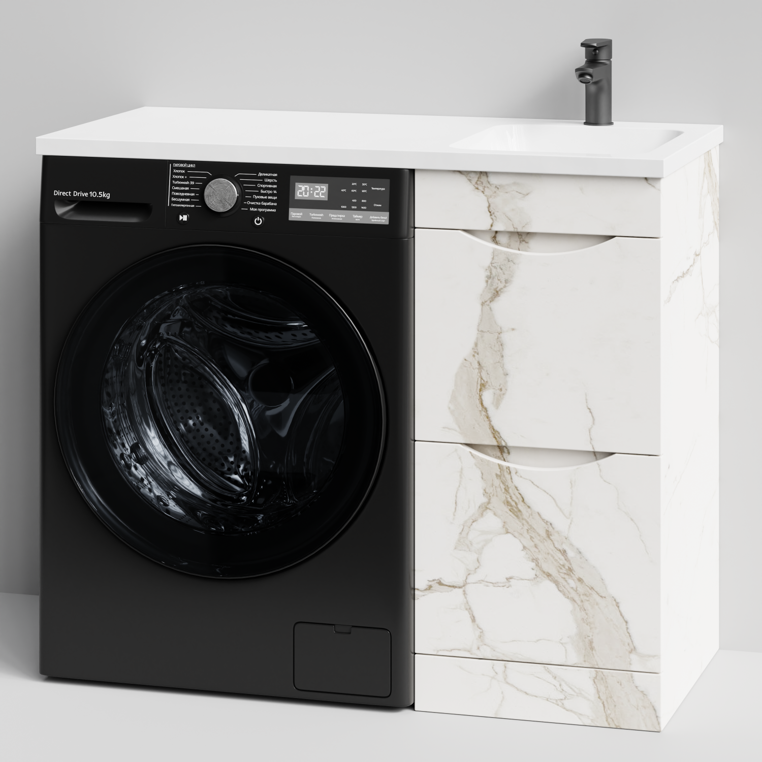 Тумба Vod-ok 38 с раковиной Смайл 100 напольная, под стиральную машину, правая, Мрамор Белый натур милк