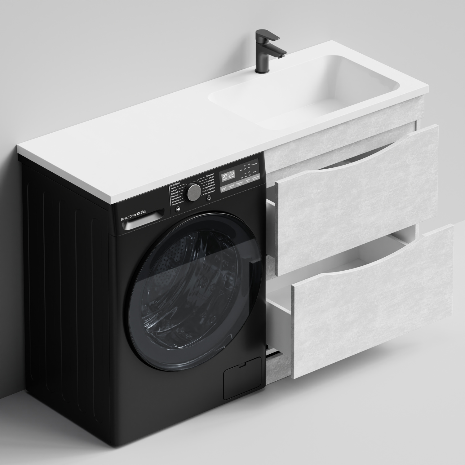 Тумба Vod-ok 68 с раковиной Смайл 130 напольная, под стиральную машину, правая, Белый камень