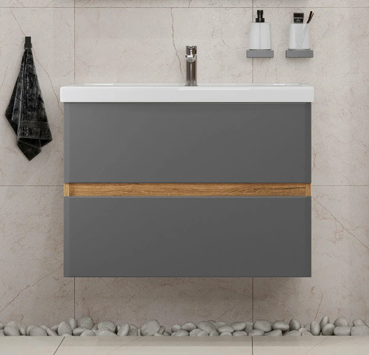 Тумба подвесная SanStar Graffa 70 с раковиной Фостер 70 Дуб вотан, графит софт