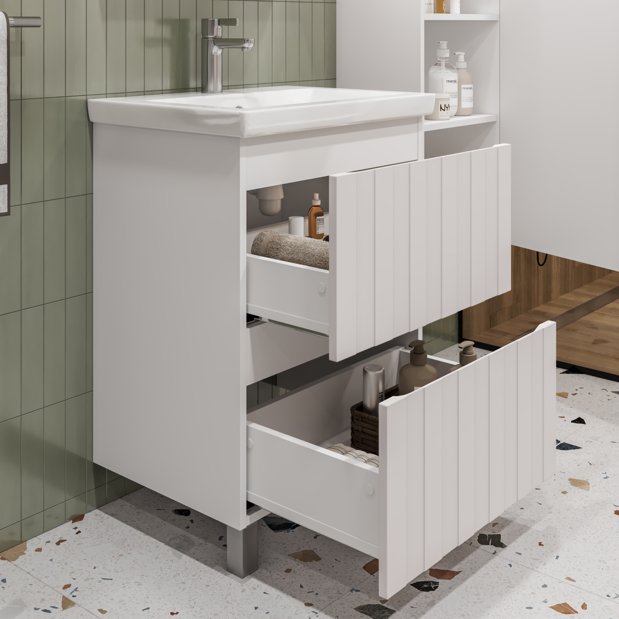 Тумба напольная Vigo Finlay 600-0-2 с раковиной Como 60, 2 ящика, белый