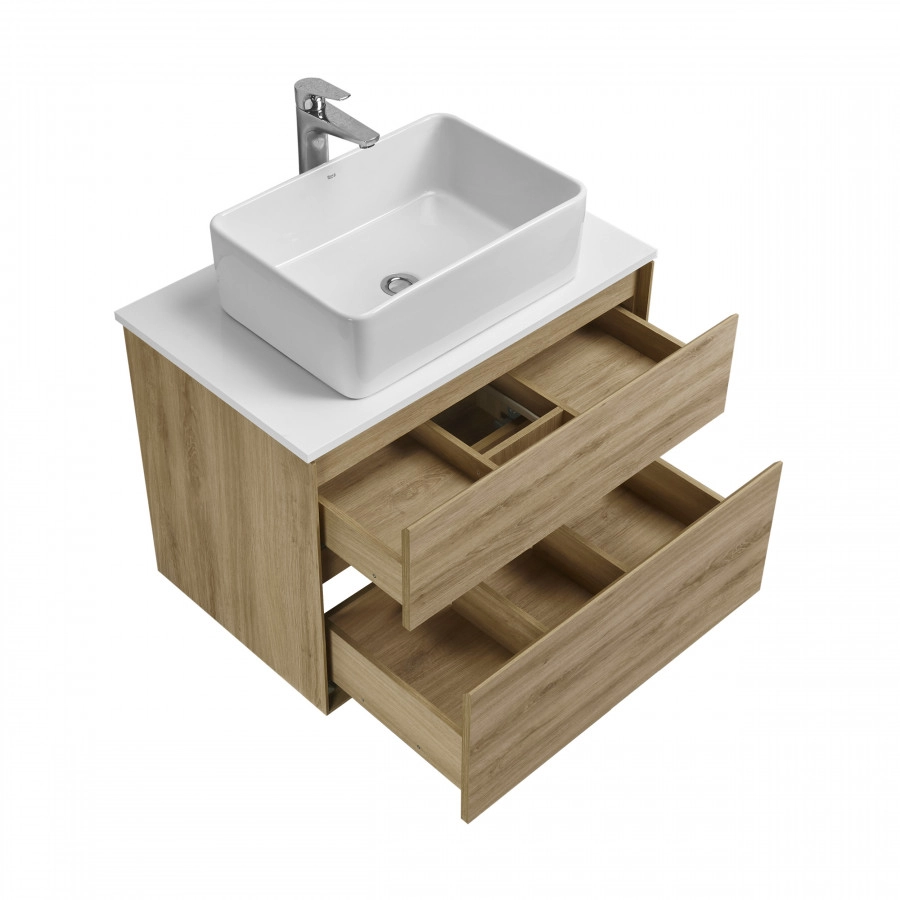 Тумба подвесная AQUATON Либерти 75, столешница белая, раковина MILA 50х35, дуб эльвезия