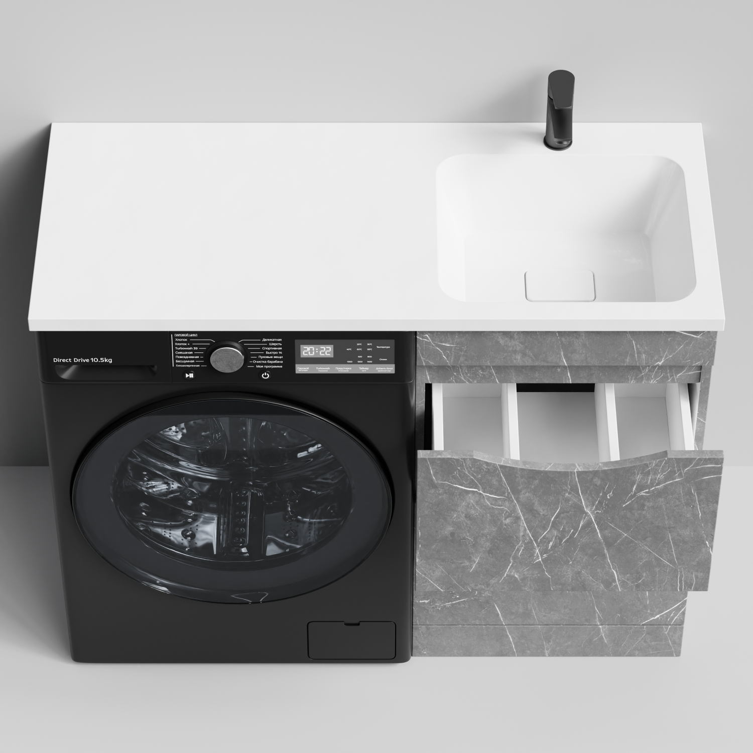 Тумба Vod-ok 48 с раковиной Смайл 110 напольная, под стиральную машину, правая, Мрамор Серый софт тач