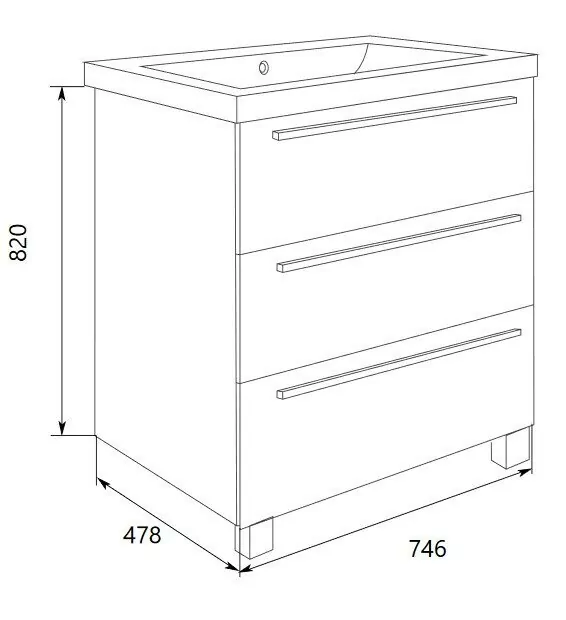 Тумба напольная 1Marka Соната 75Н с раковиной Анита 75, 3 ящика, белый