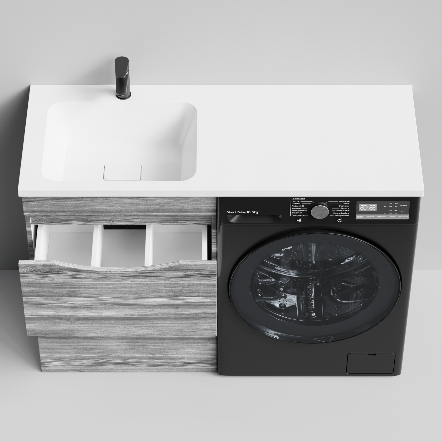 Тумба Vod-ok 58 с раковиной Смайл 120 напольная, под стиральную машину, левая, Лиственница структурная контрастно-серая