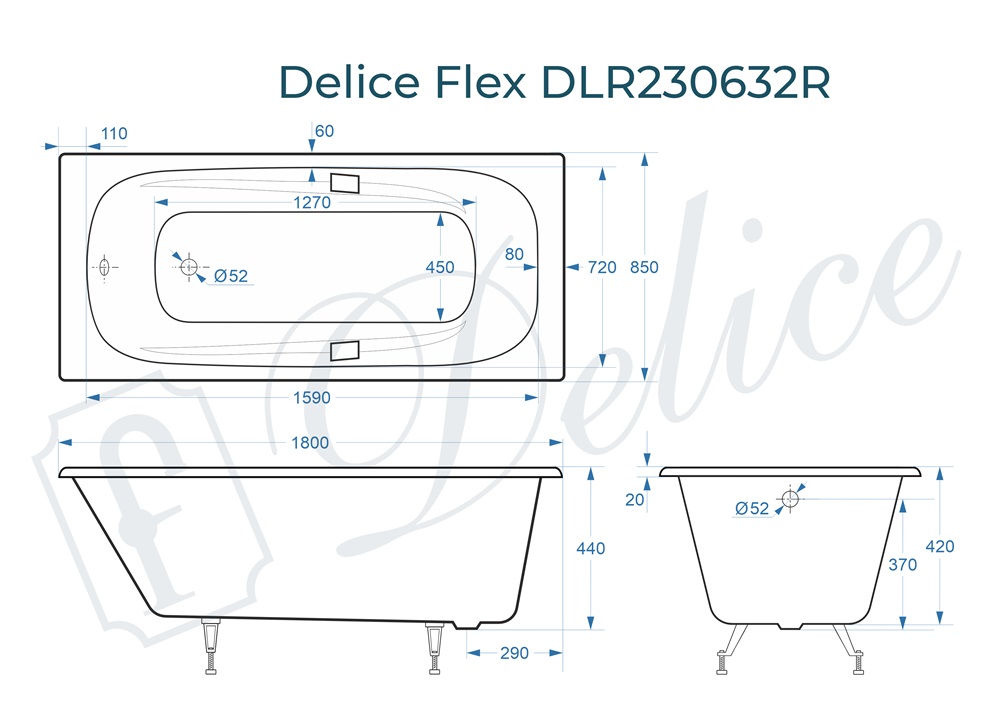 Ванна чугунная Delice Flex 180х85 DLR230632R с отверстиями под ручки