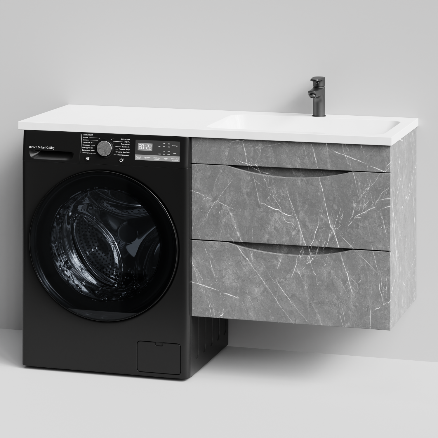 Тумба Vod-ok 68 с раковиной Смайл 130 подвесная, под стиральную машину, правая, Мрамор Серый софт тач