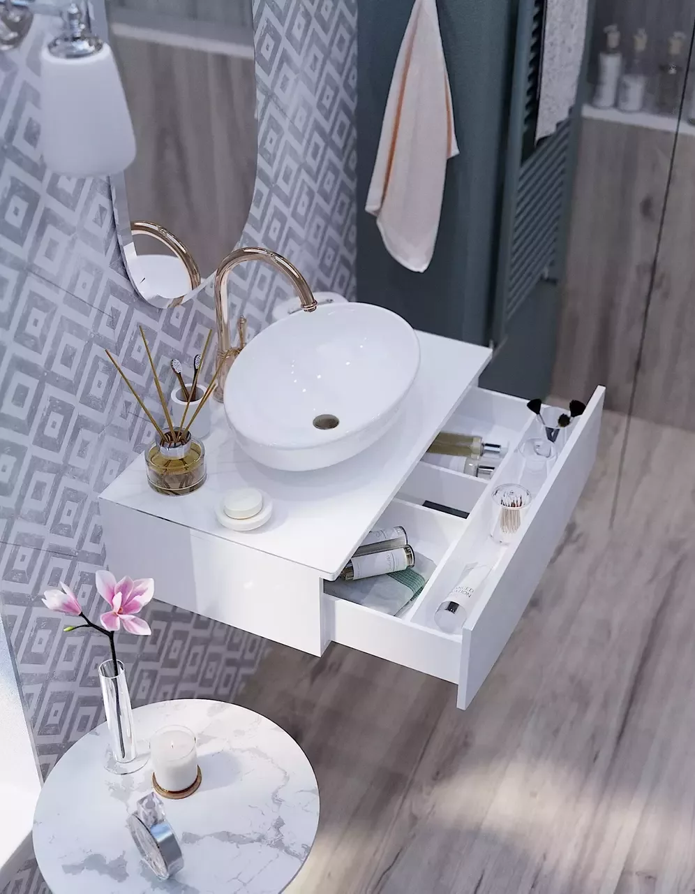 Тумба подвесная 1Marka Nega 80П с накладной раковиной Infinity 60, 1 ящик, белый