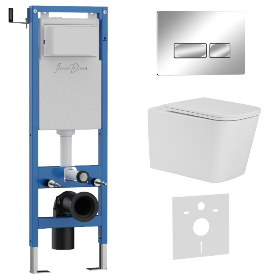 Комплект 3в1 IBERICA BLANCA инсталляция SILENCIO MINI, унитаз TOLEDO ALTO белый, кнопка смыва ESTI-R хром глянцевый (IB.001M.TLA.231.213)