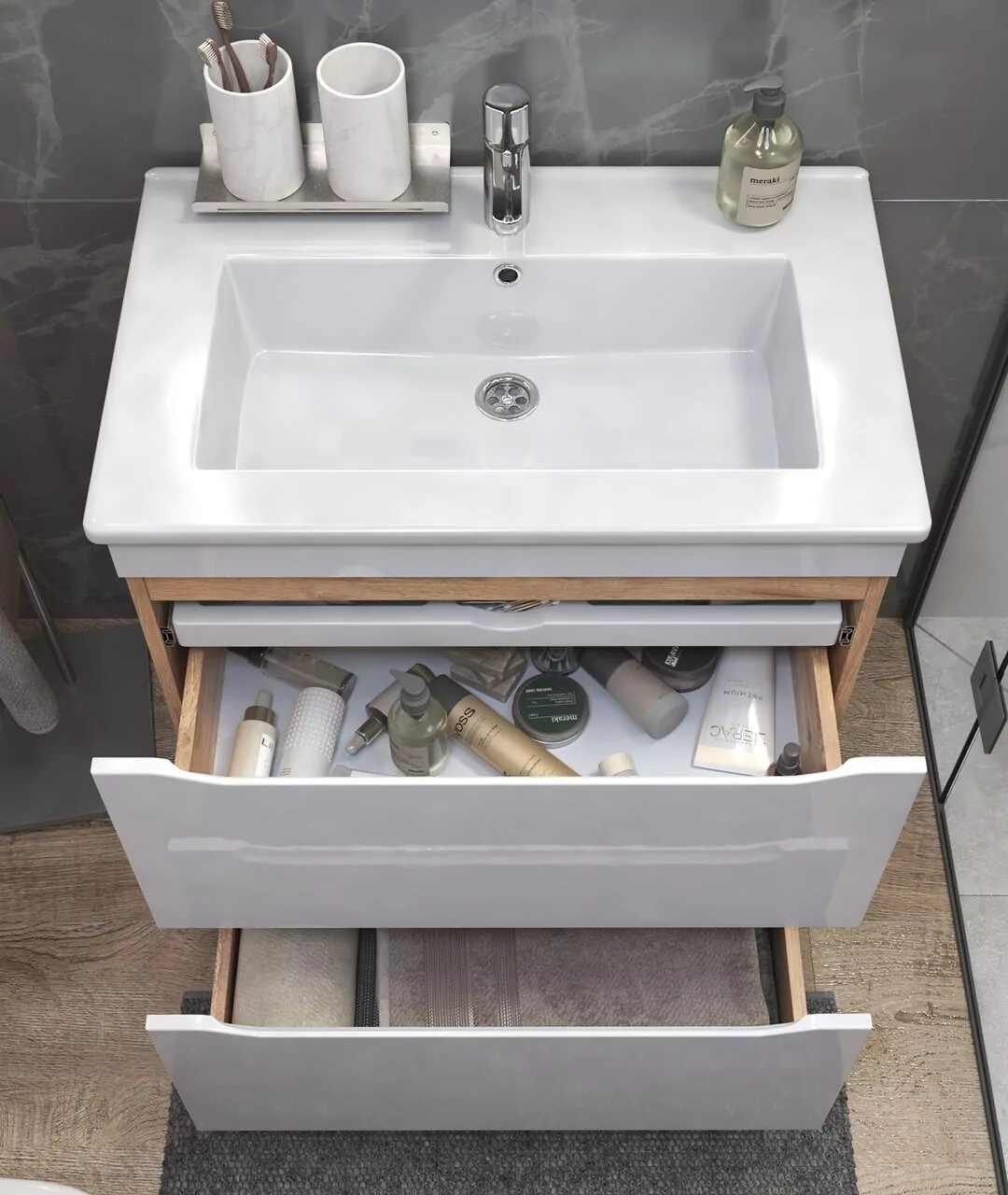 Тумба напольная Vigo Grani 75 с раковиной Оскар 75, 2 ящика, белый/дуб сонома