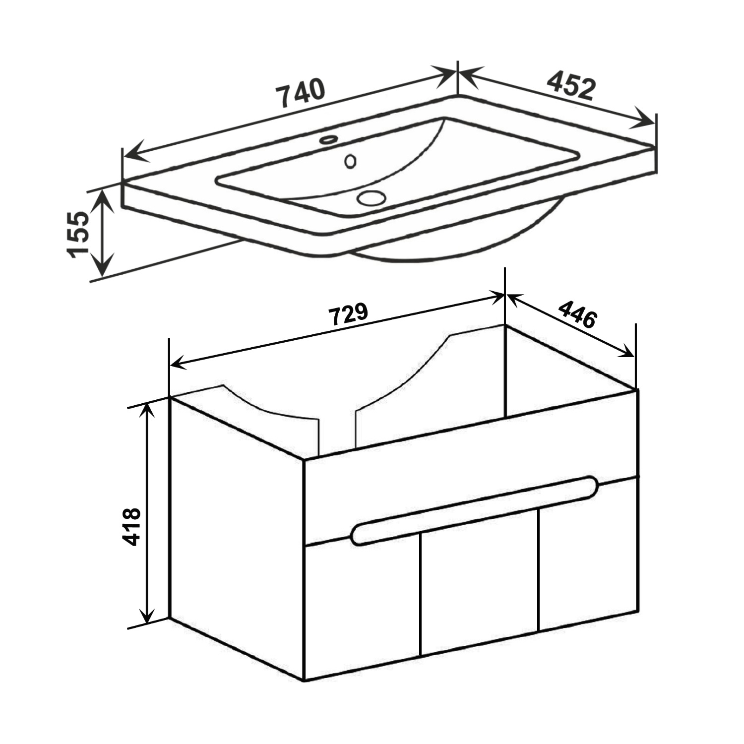Тумба подвесная Runo Парма 75 3 двери, с раковиной Omega 75, белый