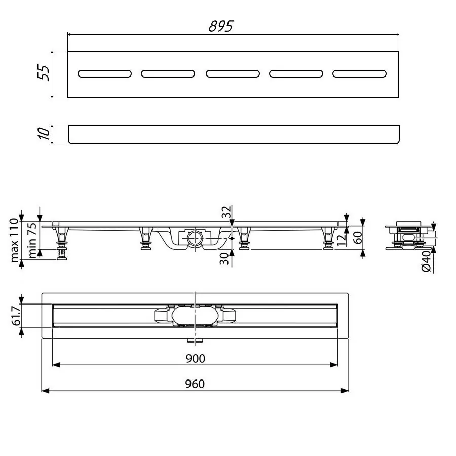 Душевой лоток Timo SP10 90 с решеткой SG10 90 хром матовый