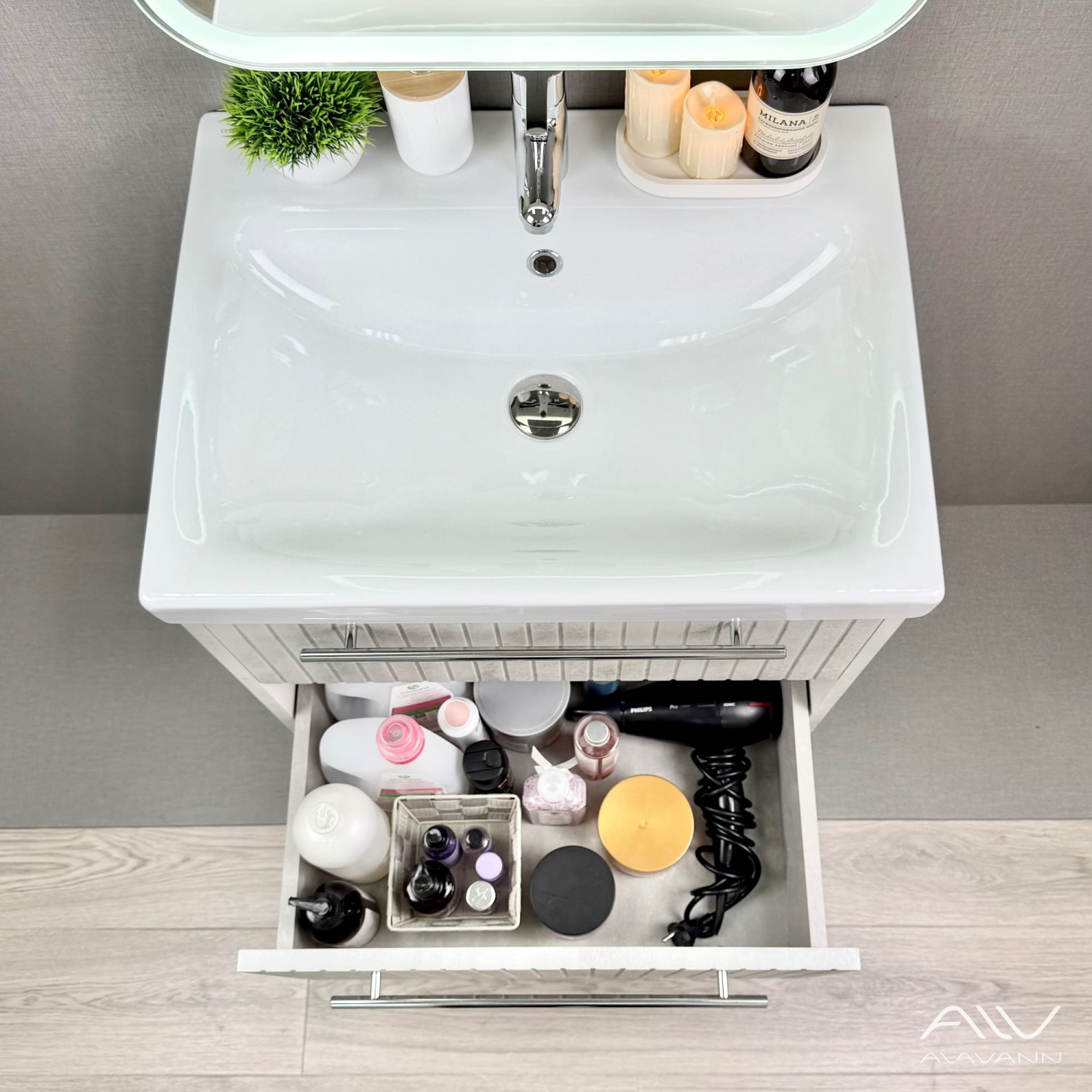 Тумба подвесная Alavann Emma 60 с раковиной Moduo 60, серый бетон