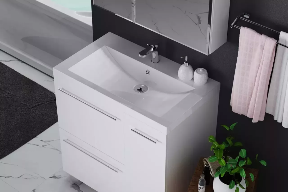 Тумба напольная 1Marka Соната 90Н с раковиной Нота New Polytitan 90, 1 дверь, 2 ящика, белый