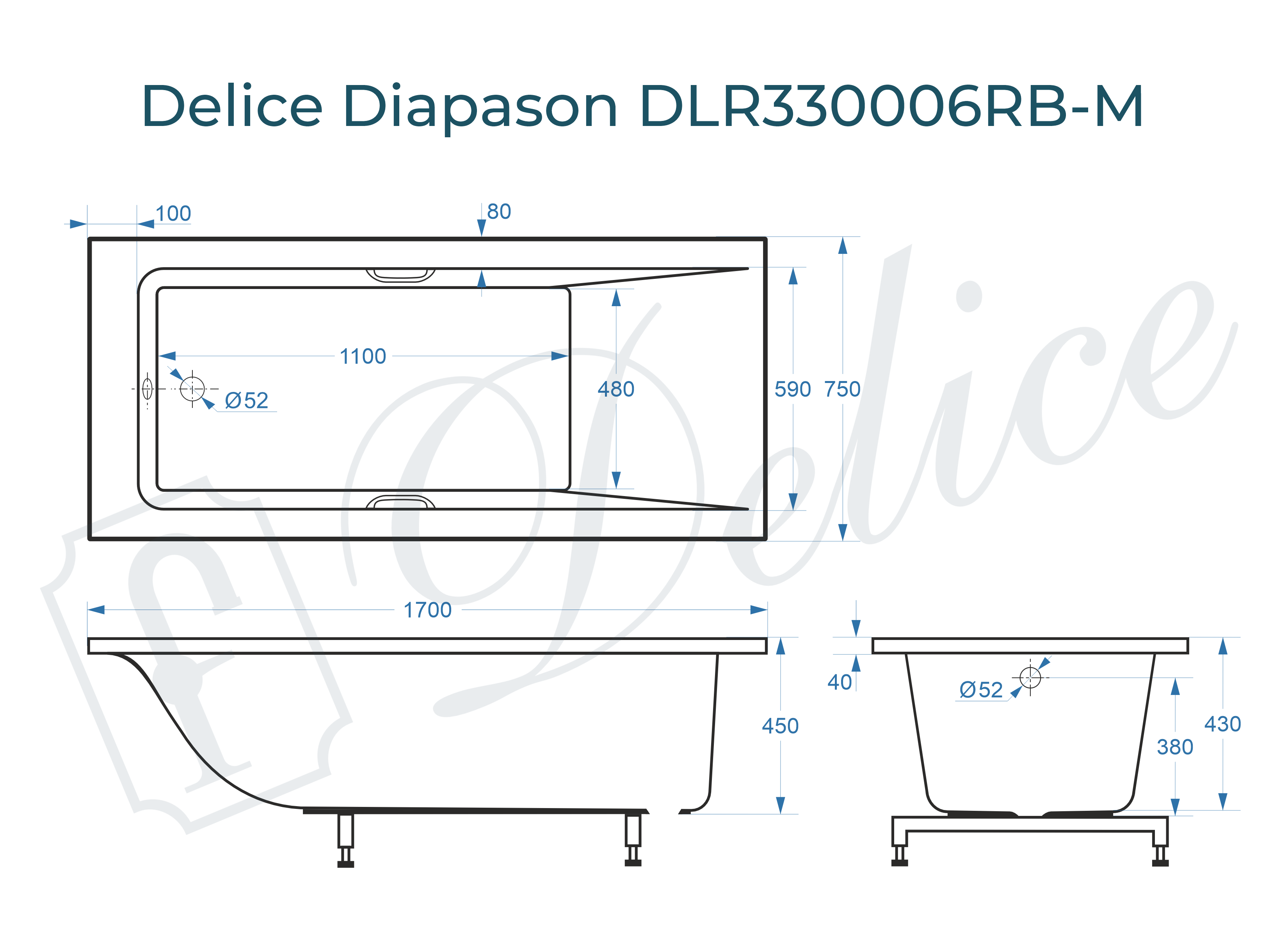 Ванна из литьевого мрамора Delice Diapason 170х75 матовая с черными ручками DLR330006RB-M