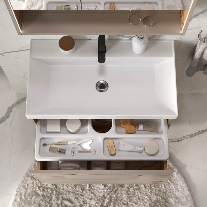 Тумба с раковиной EQUIL Gleam 80 подвесная, один ящик, амарок/дуб вотан