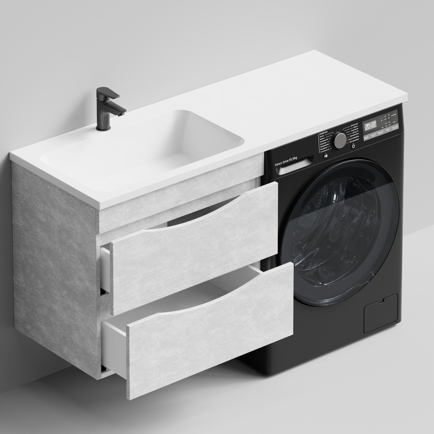 Тумба Vod-ok 68 с раковиной Смайл 130 подвесная, под стиральную машину, левая, Белый камень